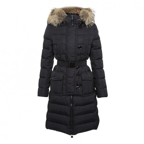 Moncler Moda Nero Lunghi Fur Cap e cinturino Cappotti